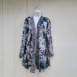Susan Graver Womens Kimono Artisan Size Large Floral Boho Blue Open Front Artsy